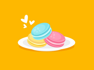 Vector illustration of delicious colorful macarons. Cartoon delicious food on plates, world sweets.