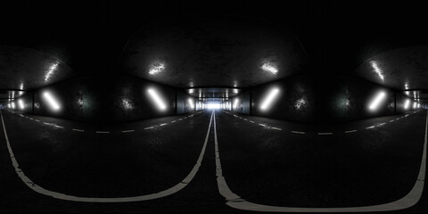 360 degree full panorama environment map of dark road highway underground tunnel with lights 3d render illustration hdri hdr vr virtual reality