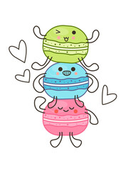 Crazy yummy macarons vector illustration. Cozy bakery illustration for café decoration, greeting card, print, art. Hand draw font 