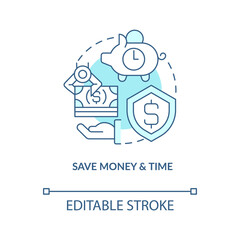 Save money and time turquoise concept icon. Payroll processing software benefit abstract idea thin line illustration. Isolated outline drawing. Editable stroke. Arial, Myriad Pro-Bold fonts used