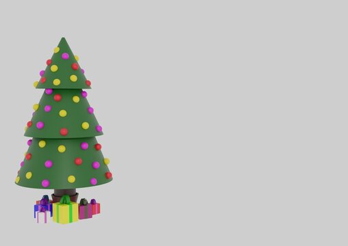 Christmas tree with decorations and gifts on a white background in 3D. Greeting card template for new year and xmas with place for text.