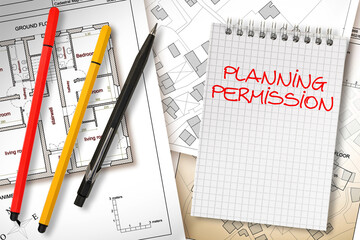 Planning permission concept with imaginary General Urban Plan, cadastral map and notebook