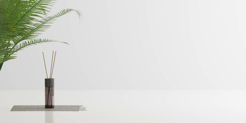 white empty blank background with plants and scent candle 3d render illustration