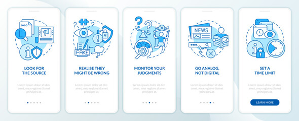 Protecting brain from bad news blue onboarding mobile app screen. Walkthrough 5 steps editable graphic instructions with linear concepts. UI, UX, GUI template. Myriad Pro-Bold, Regular fonts used