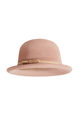 Close-up shot of a women's pink woven bowler hat with a beige ribbon and a bow. The curved-brim woven summer hat is isolated on a white background. Bottom view.