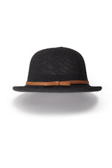 Close-up shot of a women's black woven bowler hat with a brown ribbon and a bow. The curved-brim woven summer hat is isolated on a white background. Front view.