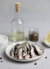 Fresh sardines, salt, oil, lemon and spices on the table, close-up shot. Selective focus. Vertical photo
