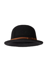 Close-up shot of a women's black woven bowler hat with a brown ribbon and a bow. The curved-brim woven summer hat is isolated on a white background. Bottom view.