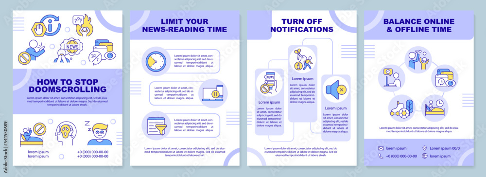 Poster how to stop doomscrolling brochure template. news overload. leaflet design with linear icons. editab