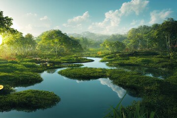 A concept metaphorically depicting hydrogen as an ecological energy source in the form of a pond in the middle of a virgin jungle. 3d rendering.