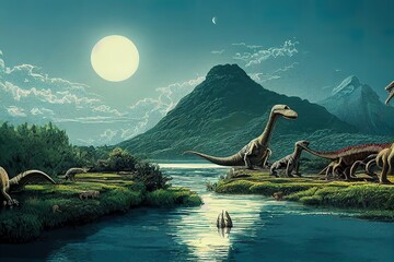 Fototapeta Dinosaurs living by the river illustration obraz