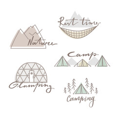 Set of outdoor summer camp, glamping, logo. Hand drawn and vector emblem designs. Great for shirts, stamps, stickers, logos, tags, labels © Purrga
