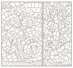 Set contour illustrations of stained glass with the image of the trees, dark contours on white background