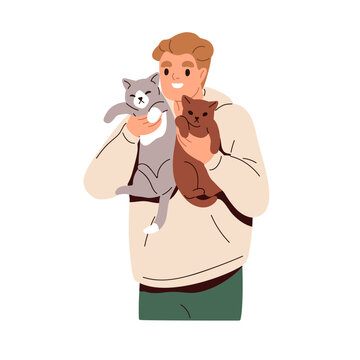 Happy cat owner holding two kittens in arms. Smiling man with adorable funny kitties in hands. Person, male character and sweet feline animals. Flat vector illustration isolated on white background