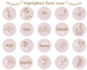 Instagram Story Highlight Icon. Set of Hand Drawn design element with flower and leaf. Hand Boho Flower Logo design. Insta Story Highlight Cover Icon. Highlight Story Natural.