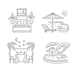 Fototapeta premium Rest in the resort and in the hotel. Night for two, sun lounger by the pool, evening romantic dinner, summer vacation. Linear icons on a white background.