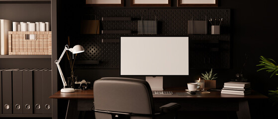 Modern dark loft homer workspace interior design with computer mockup on dark wood table