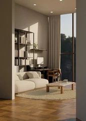 Fotobehang Scandinavisch Modern contemporary apartment living room with working space interior design with comfy sofa  © bongkarn