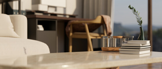 Copy space on modern white marble coffee table in modern contemporary living room. close-up