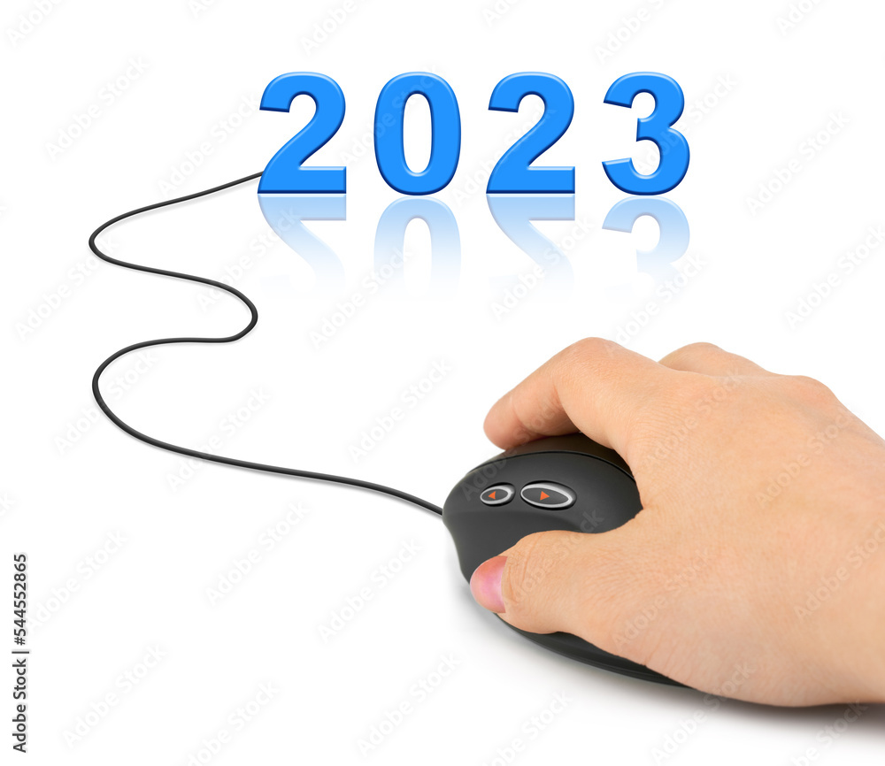 Sticker hand with computer mouse and 2023