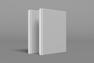 2 hardcover realistic book mockups. 3d realistic render of hard cover book mockup. Books standing on isolated gray background.