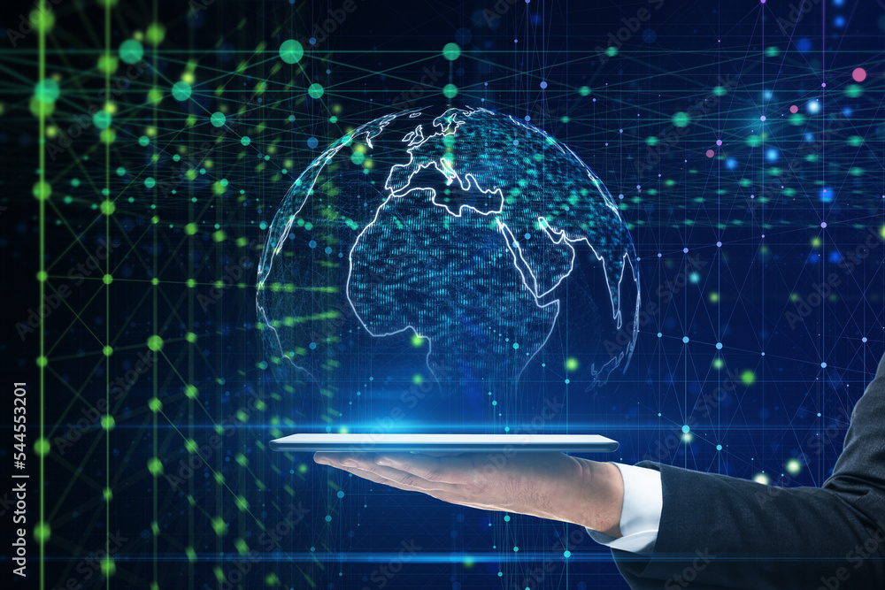 Poster Big data and data exchange concept with man hand with digital tablet projected illuminated world map globe on abstract dark background with blurred dots and lines
