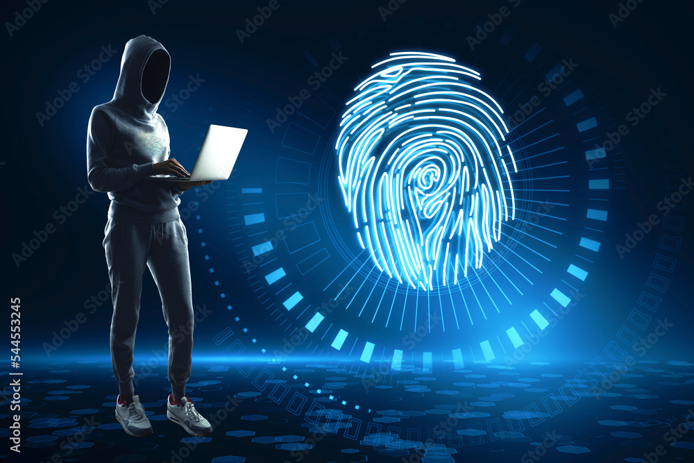 Poster Hacker in hoodie using laptop with abstract glowing fingerprint hologram on blurry blue background. Personal security and data theft concept.