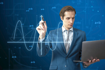 Attractive young european businessman with laptop using abstract glowing mathematical formula graph on blue background. Equation, digital data and mathematics app concept.