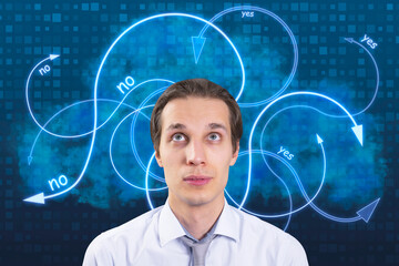 Portrait of attractive young european businessman with various digital arrows on blue pixel...