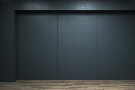 Blank black wall with space for your poster or advertising campaign text above wooden floor. 3D rendering, mockup