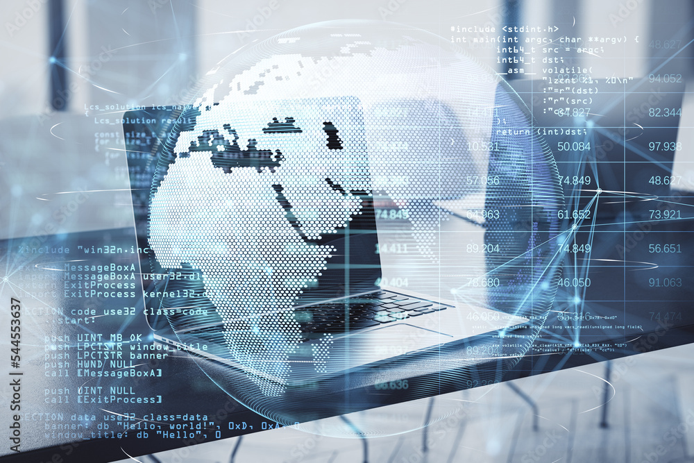 Poster close up of laptop on desktop with glowing planet earth globe hologram with polygonal points on blur