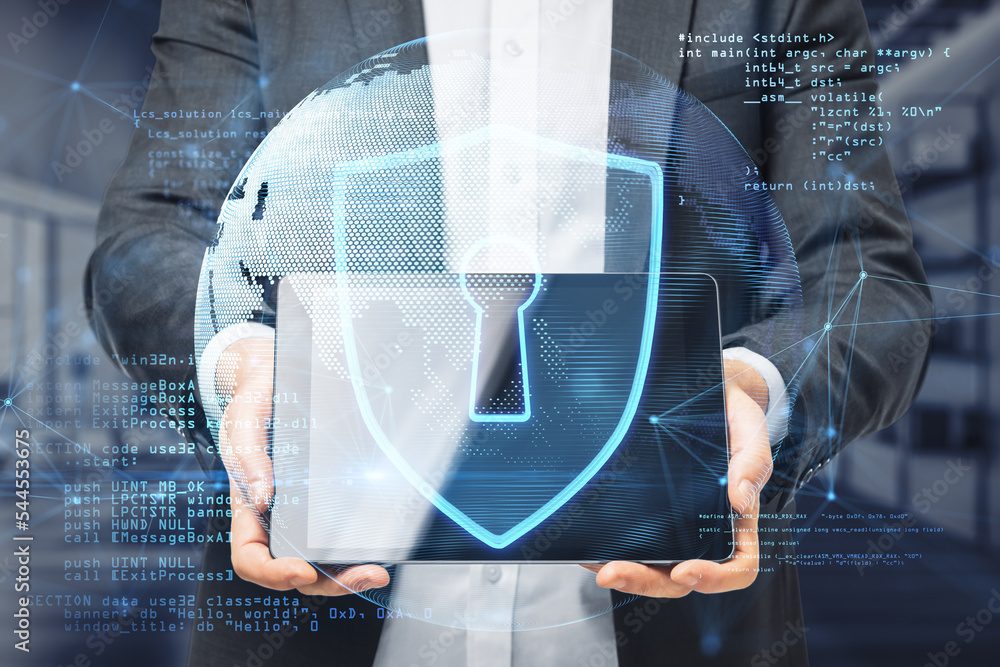 Aufkleber Close up of businessman hands holding tablet with abstract safety hologram with globe and coding on blurry background. Secure, protection and web concept. Double exposure.