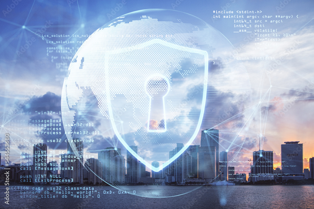 Poster creative safety hologram with globe and coding on blurry night city and sky background. secure, prot