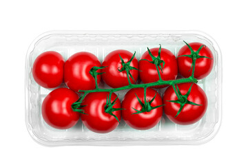 Fresh cherry tomatoes in box. Cherry tomatoes in a plastic container.