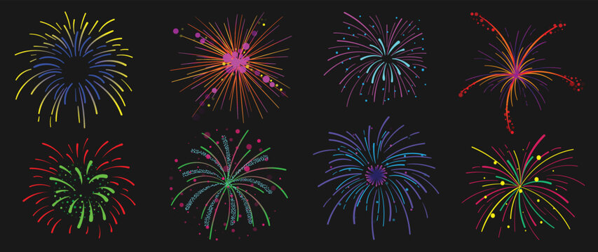 Set of new year firework vector illustration. Collection of glow vibrant colorful fireworks on black background. Art design suitable for decoration, print, poster, banner, wallpaper, card, cover. 