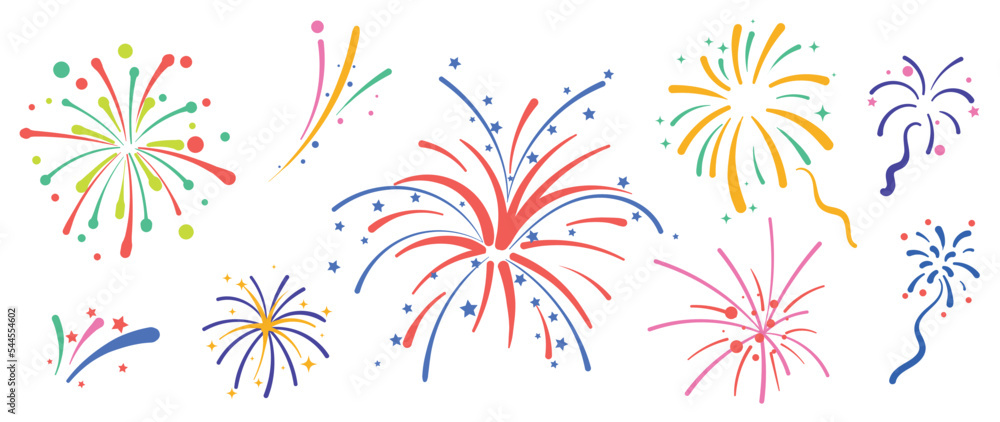 Canvas Prints set of new year festive firework vector illustration. collection of vibrant colorful fireworks on wh