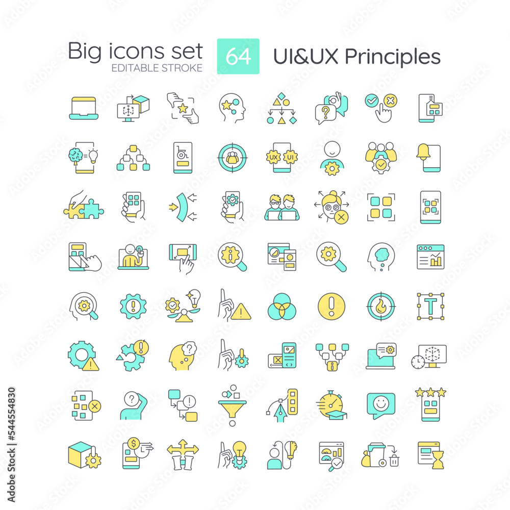 Poster ui ux principles rgb color big icons set. user experience design. product usability. isolated vector