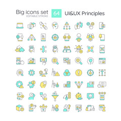 UI UX principles RGB color big icons set. User experience design. Product usability. Isolated vector illustrations. Simple filled line drawings collection. Editable stroke. Quicksand-Light font used