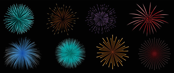 Set of new year firework vector illustration. Collection of glow vibrant colorful fireworks on black background. Art design suitable for decoration, print, poster, banner, wallpaper, card, cover. 