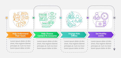 Stop doomscrolling tip for parents rectangle infographic template. Data visualization with 4 steps. Editable timeline info chart. Workflow layout with line icons. Myriad Pro-Bold, Regular fonts used