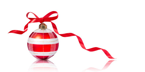 Red striped Christmas decoration bauble with ribbon bow on transparent background PNG.. Xmas glass ball on white. Holiday decoration template. Shiny Christmas Bulb with red spiral ribbon.