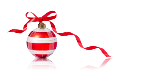 Red striped Christmas decoration bauble with ribbon bow on transparent background PNG.. Xmas glass ball on white. Holiday decoration template. Shiny Christmas Bulb with red spiral ribbon.