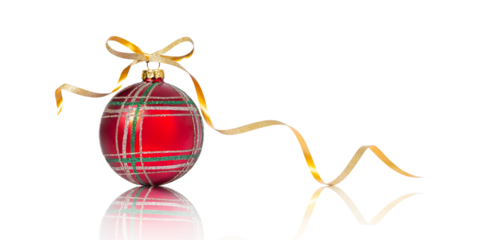 Red Christmas decoration bauble with ribbon bow on transparent background PNG. Traditional Xmas glass ball on white. Holiday decoration template. Shiny Christmas Bulb with gold spiral ribbon.