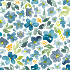 Floral in blue, green and orange. Seamless watercolor botanical pattern.  - 544555093