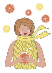 Woman with glass of juice in yellow clothes