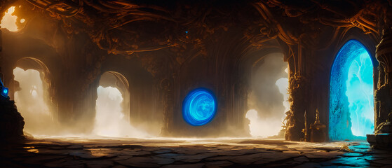 Artistic concept illustration of a portal to the other dimension on planet landscape, background illustration.