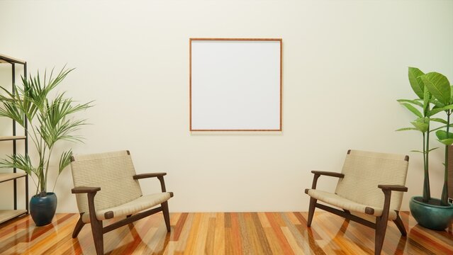 Poster frame in living room with armchair. 3d rendering