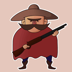 Cowboy in sombrero, poncho and with a gun. Vector character