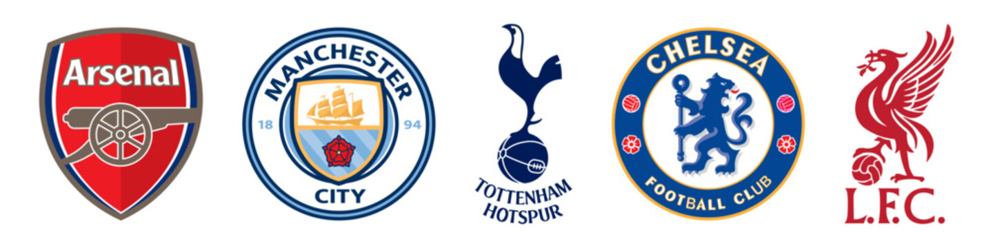 Vinnitsa, Ukraine - November 08, 2022: Football soccer Premier League clubs icons. Arsenal, Manchester City, Tottenham, Chelsea, Liverpool. Vector editorial illustration