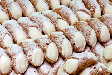 Fototapeta na wymiar Sicilian cannoli, sweet made with crispy waffle and ricotta, typical Italian pastry 